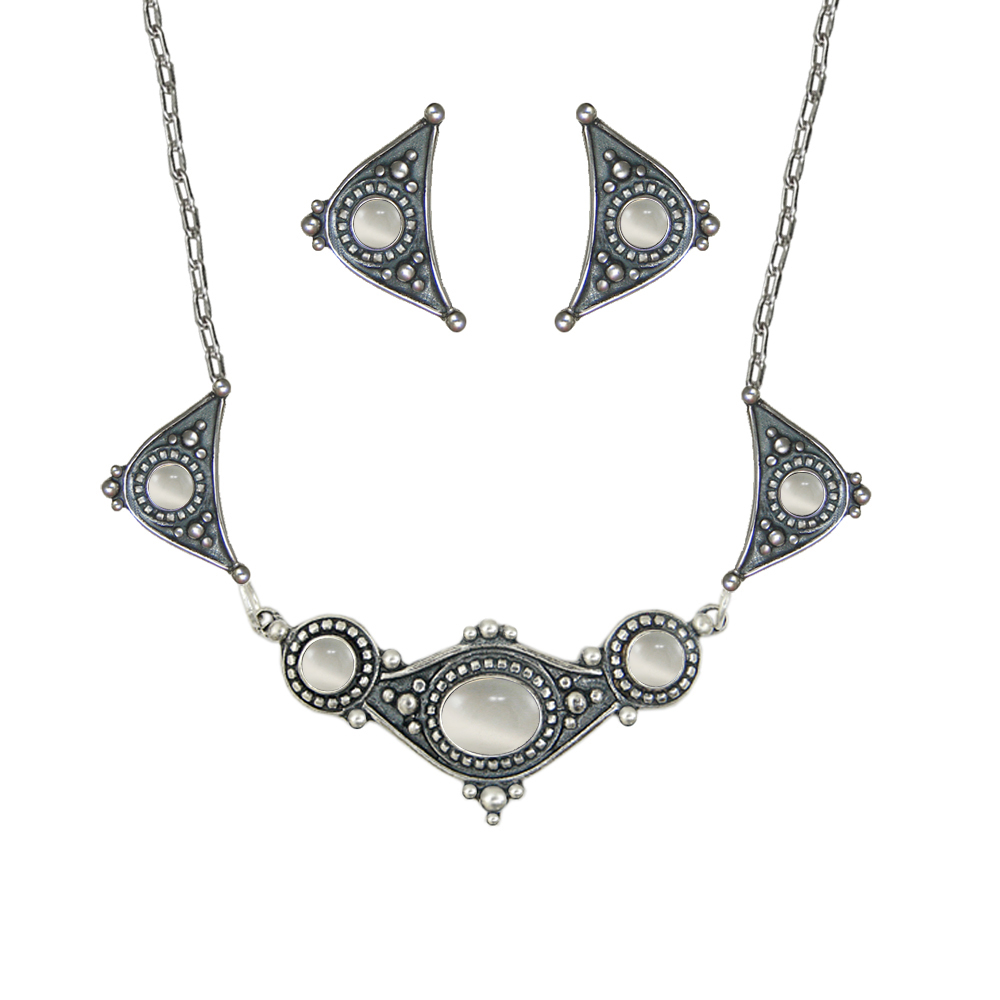 Sterling Silver Designer Necklace Earrings White Moonstone
